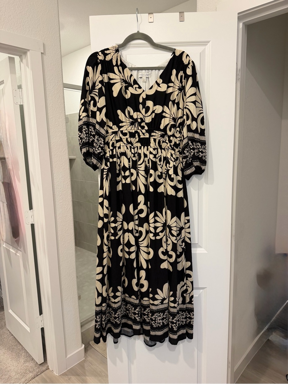 She + Sky Black Midi Dress with Cream Floral Print